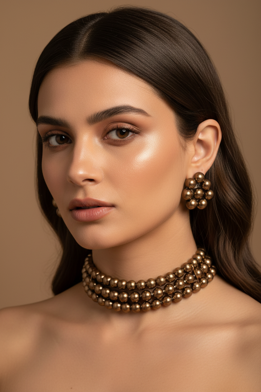 Brown Pearl 3 Layer With Earrings Choker Set