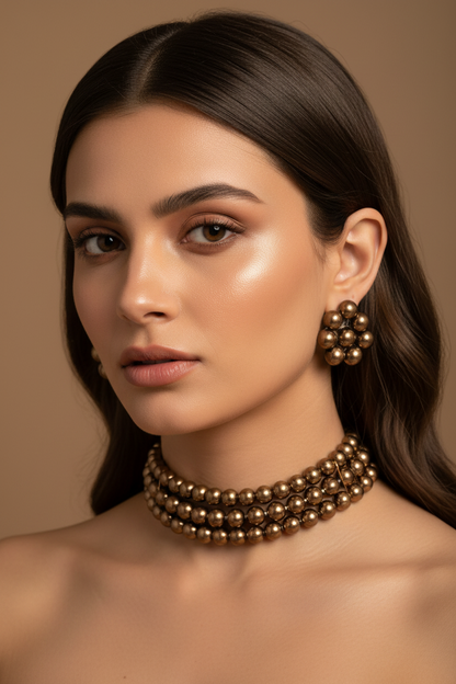 Brown Pearl 3 Layer With Earrings Choker Set