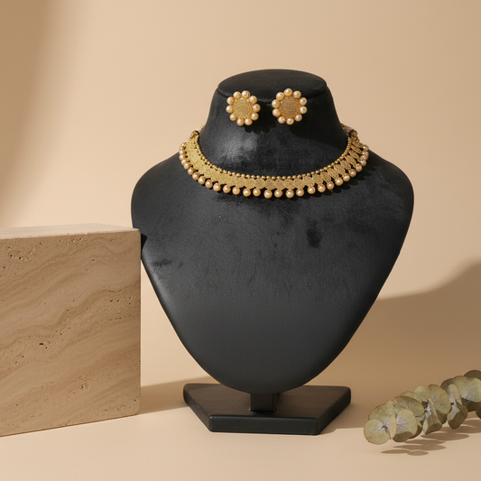 Gold Imitation Detailed Necklace with Earrings