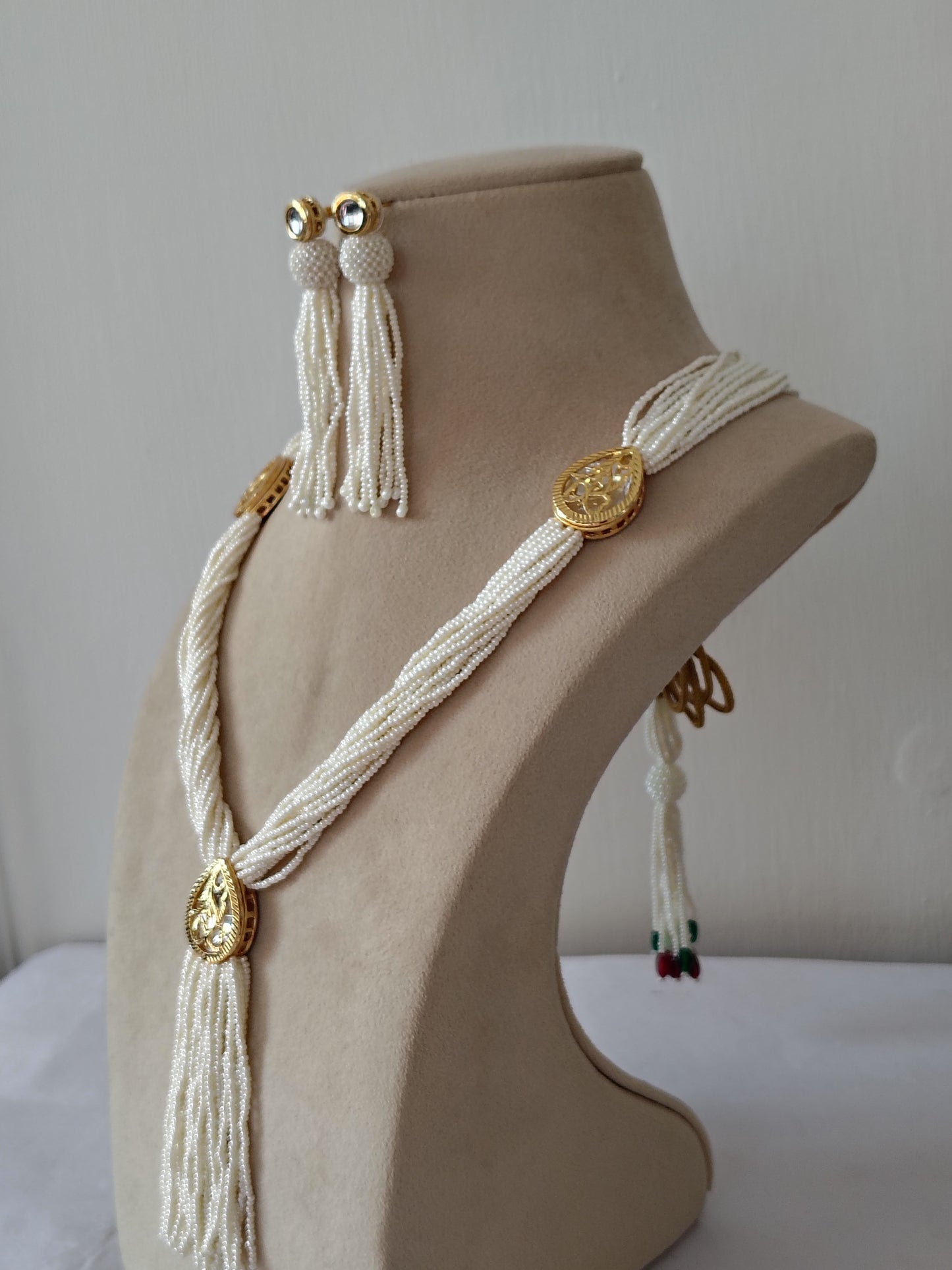 Imperial White Pearl Tassel & Gold Filigree Set & Matching Earrings