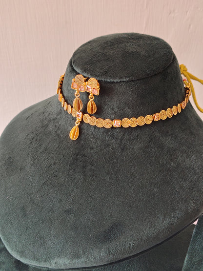 Golden Filigree & Rose Choker Set Matching Earrings