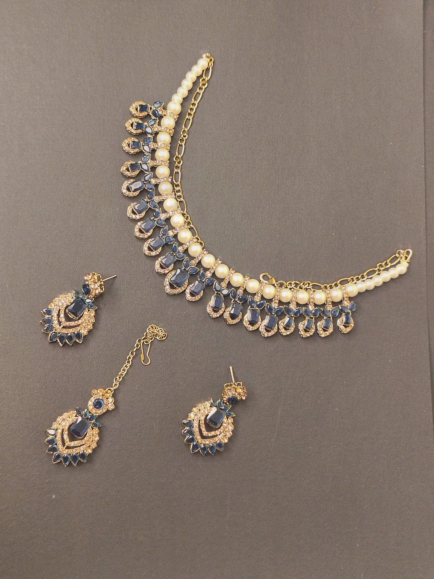 Royal Kundan Blue & Golden With Pearl & Earrings With Maang Tikka Statement Choker DB00161