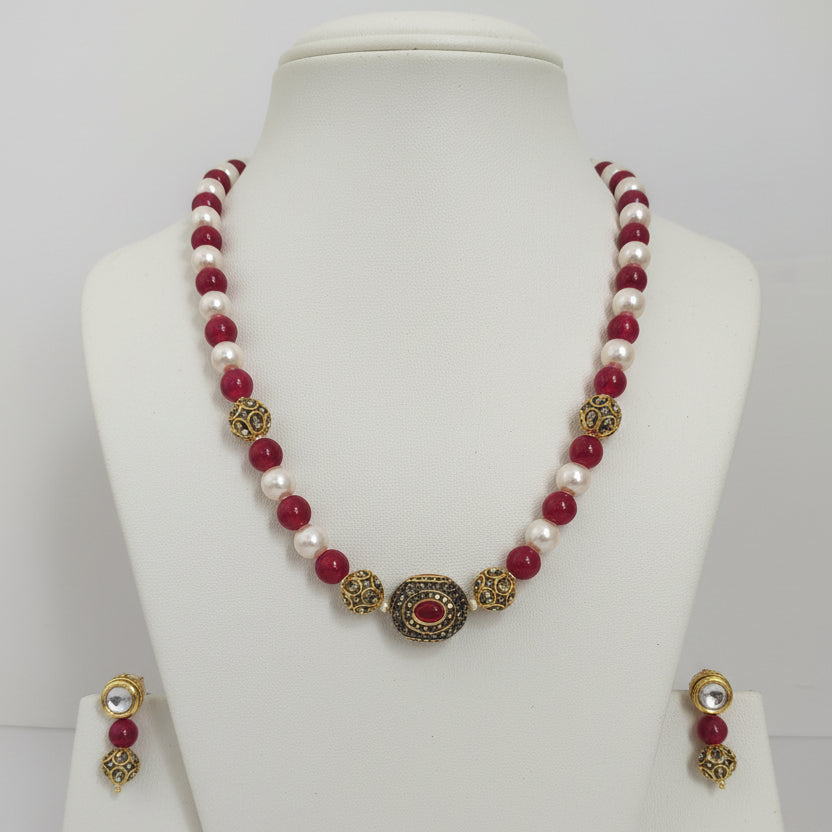 Necklace Set Red White Pearls With Golden Metal Earrings