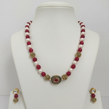 Necklace Set Red White Pearls With Golden Metal Earrings