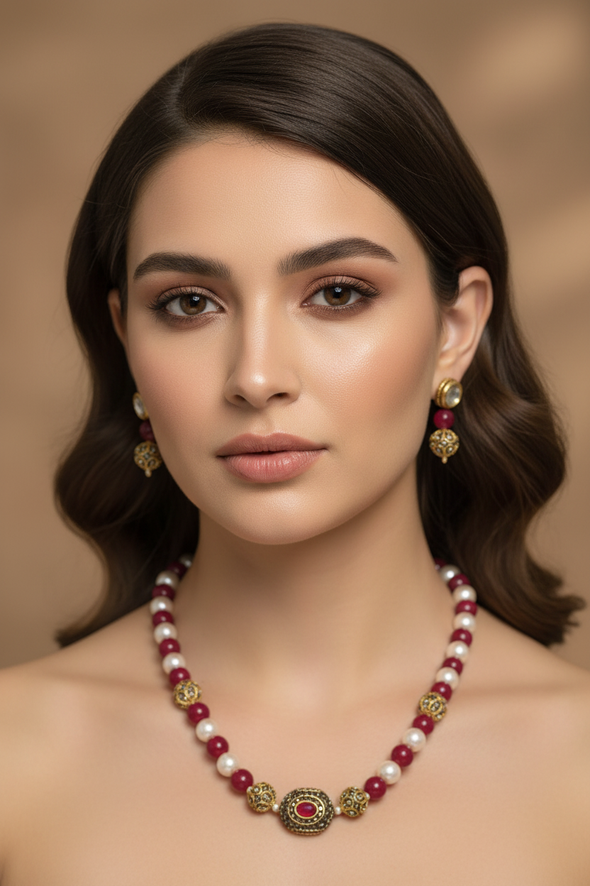 Necklace Set Red White Pearls With Golden Metal Earrings