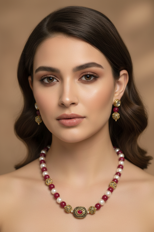 Necklace Set Red White Pearls With Golden Metal Earrings