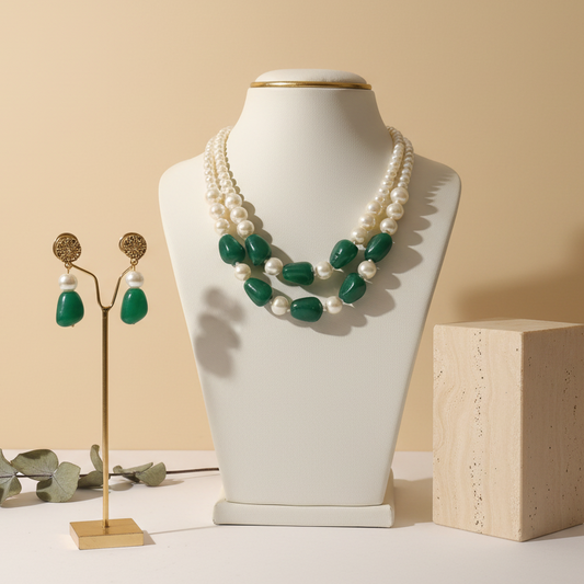 White Green Combination Pearl Necklace