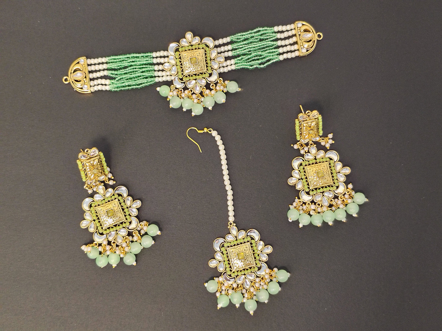 Forest Green Choker Set with Long Earrings