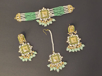 Forest Green Choker Set with Long Earrings