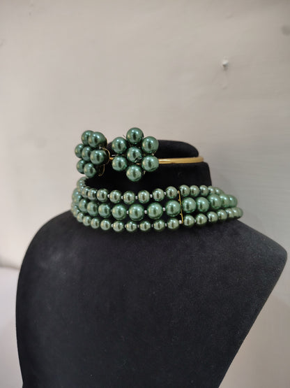 Bright Green Pearl 3 Layer With Earrings Choker Set