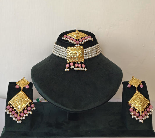 Pink & Pearl Heritage Choker Set with Maang Tikka & Matching Earrings