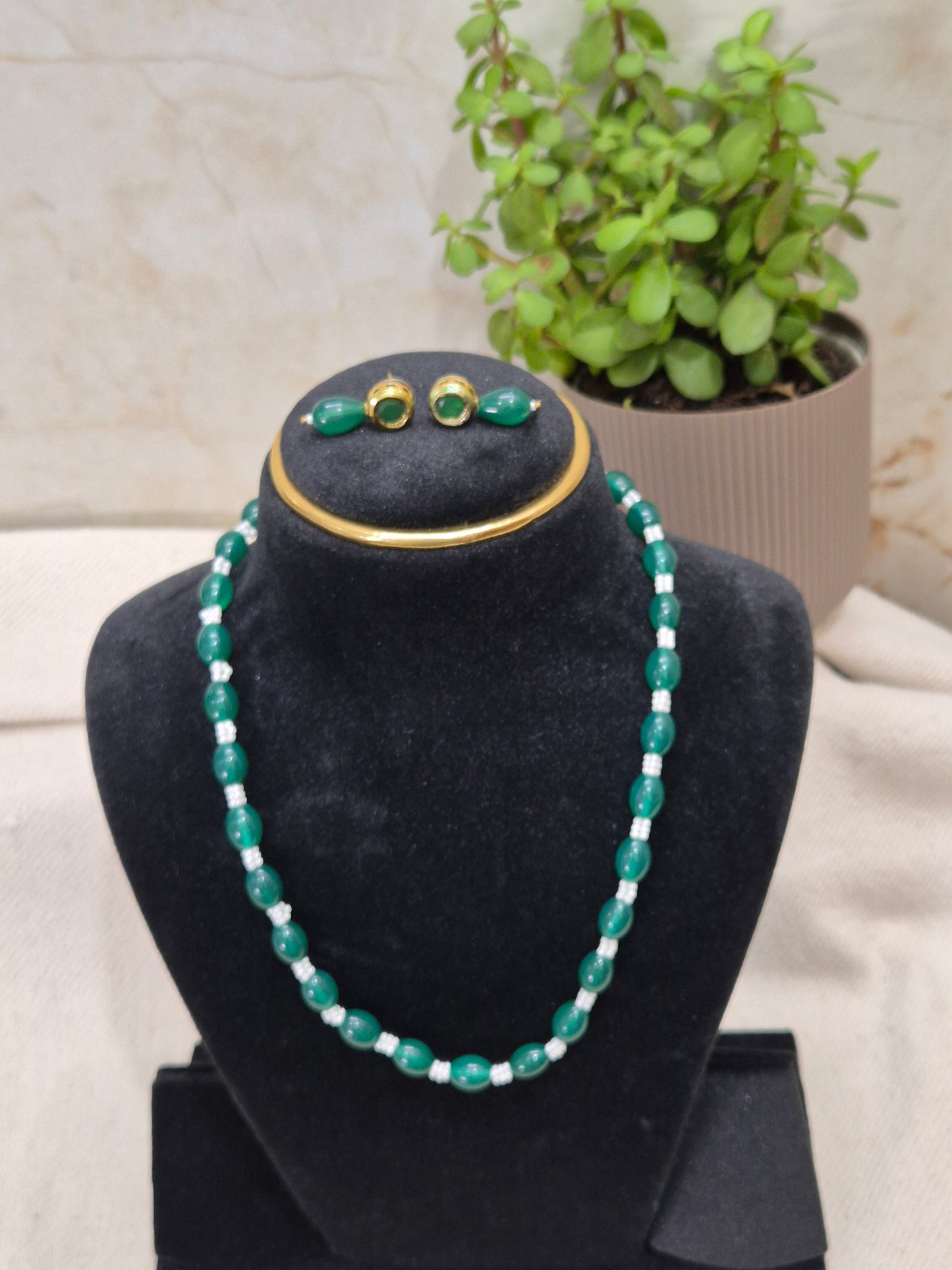 Elegant Green Drop & White Bead Necklace & Earring Set