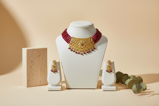 Red Golden Shade Choker With Matching Earrings