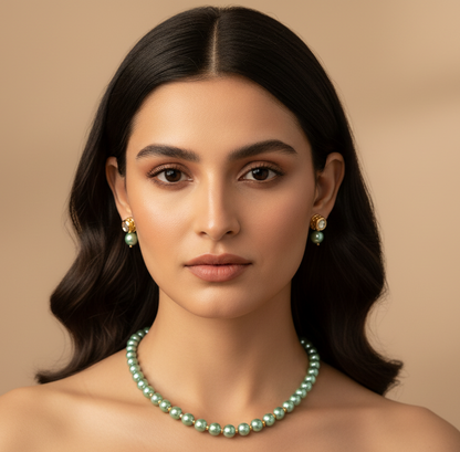 Sea Green Pearl With Golden Metal Earrings