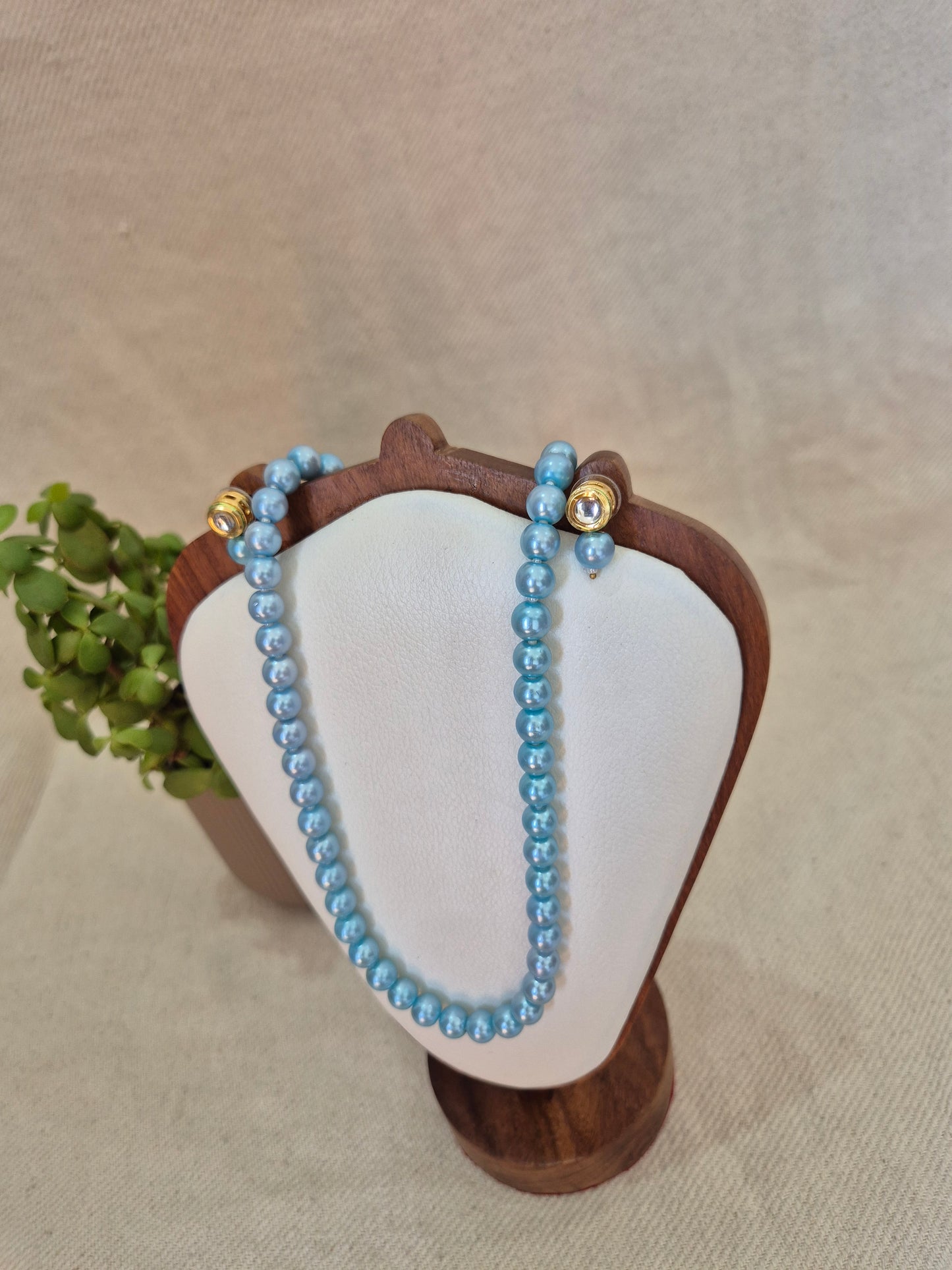 Sky Blue Pearl Necklace With Metal Earrings