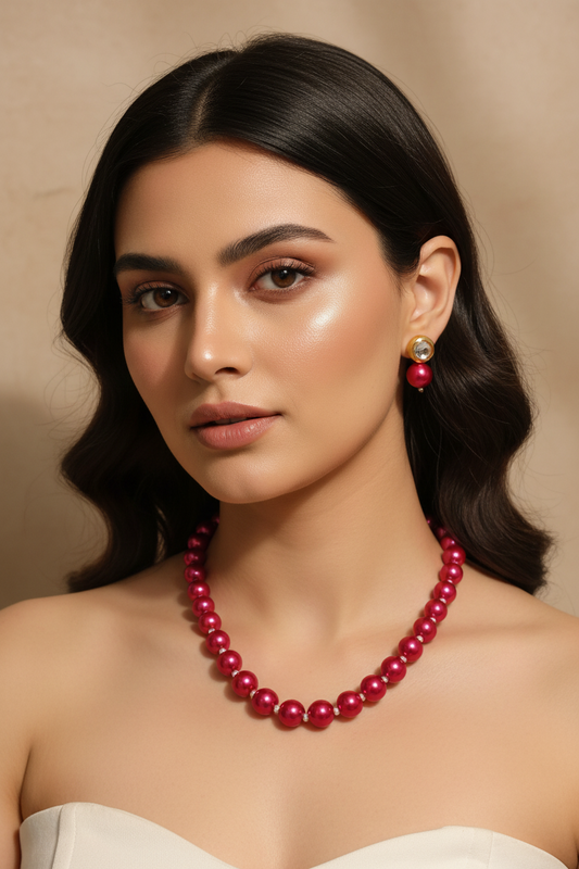 Bright Red Pearl Necklace With Golden Metal Earrings