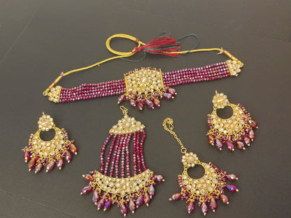 Royal Maroon Choker with earrings Magg Tikka & Passa