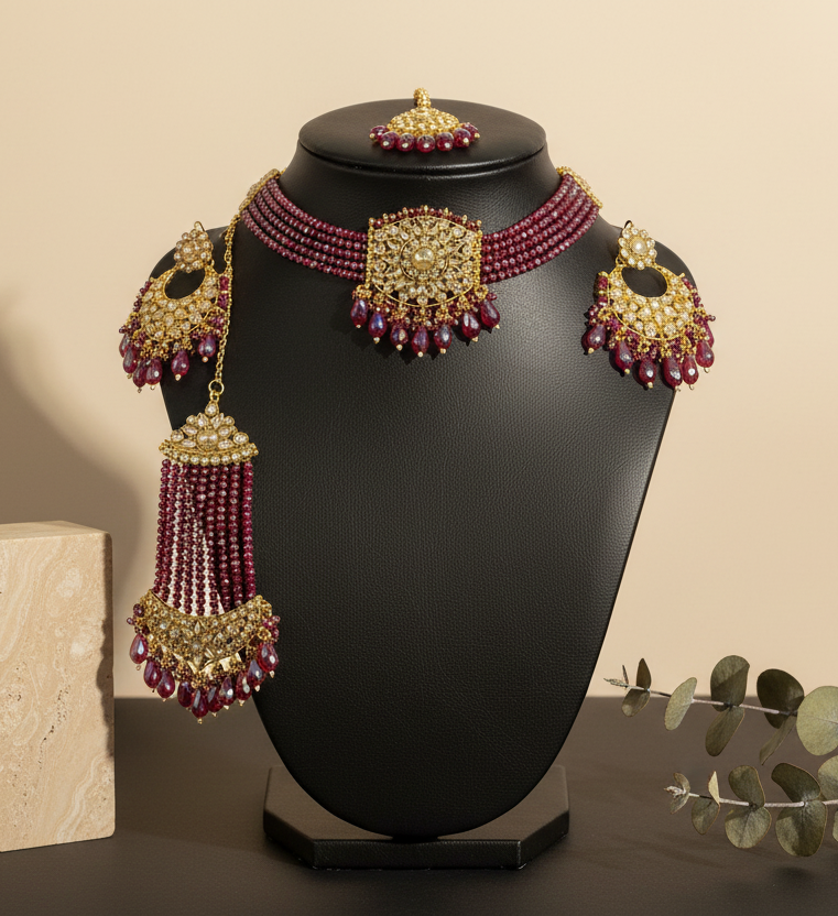 Royal Maroon Choker with earrings Magg Tikka & Passa
