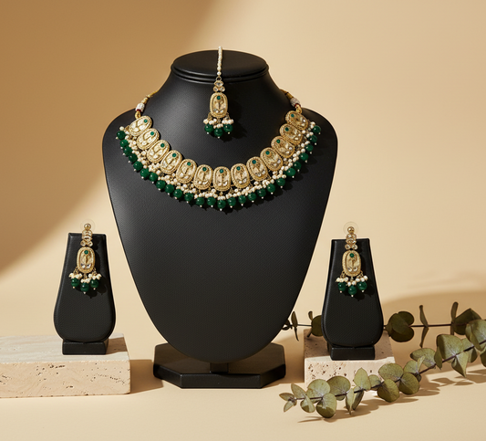 Royal Green Choker With Earrings & Maang Tikka Set