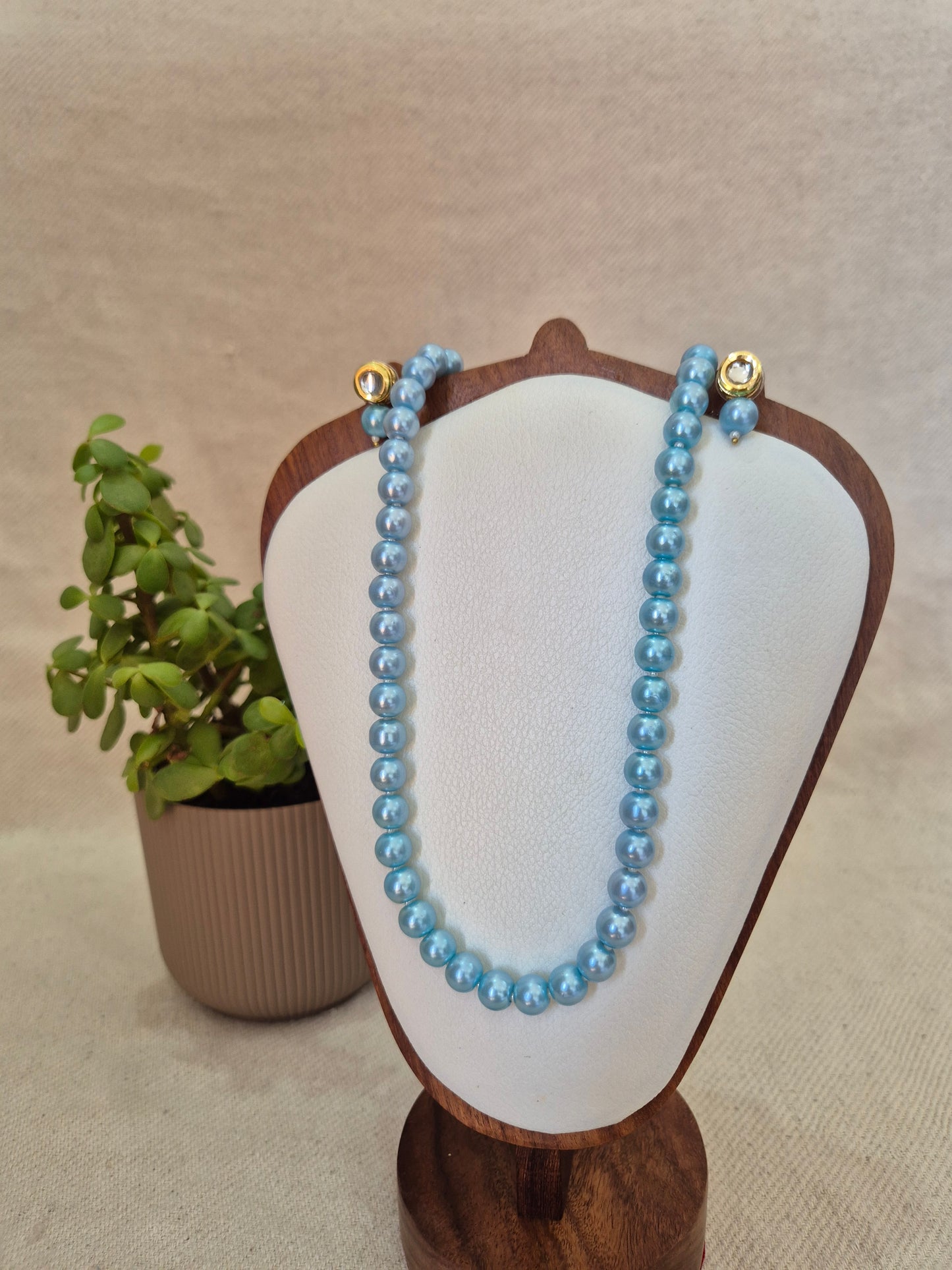 Sky Blue Pearl Necklace With Metal Earrings