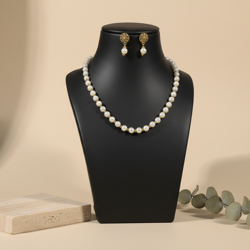 White Pearl Necklace With Earrings