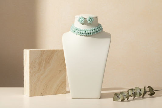 Sky Blue Pearl 3 Layer With Earrings Choker Set