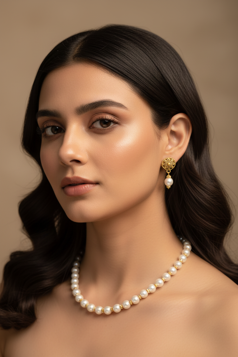 White Pearl Necklace With Earrings