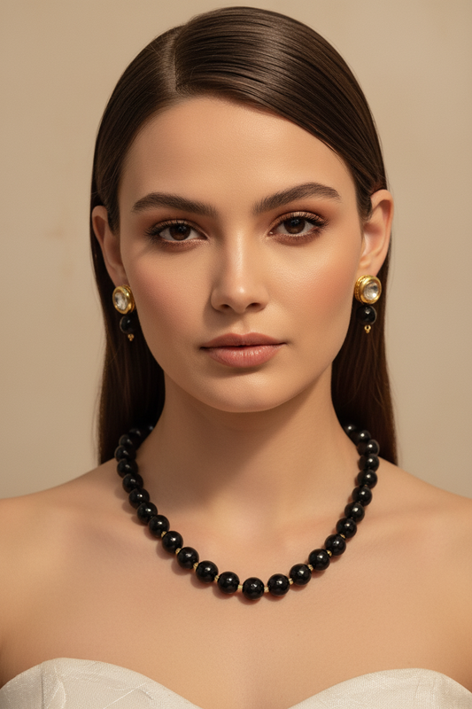 Black Onyx Necklace With Golden Metal Earrings