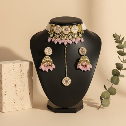 Royal Baby Pink Choker With Matching Earrings & Maang Tikka