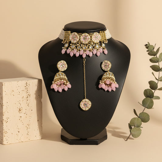 Royal Baby Pink Choker With Matching Earrings & Maang Tikka