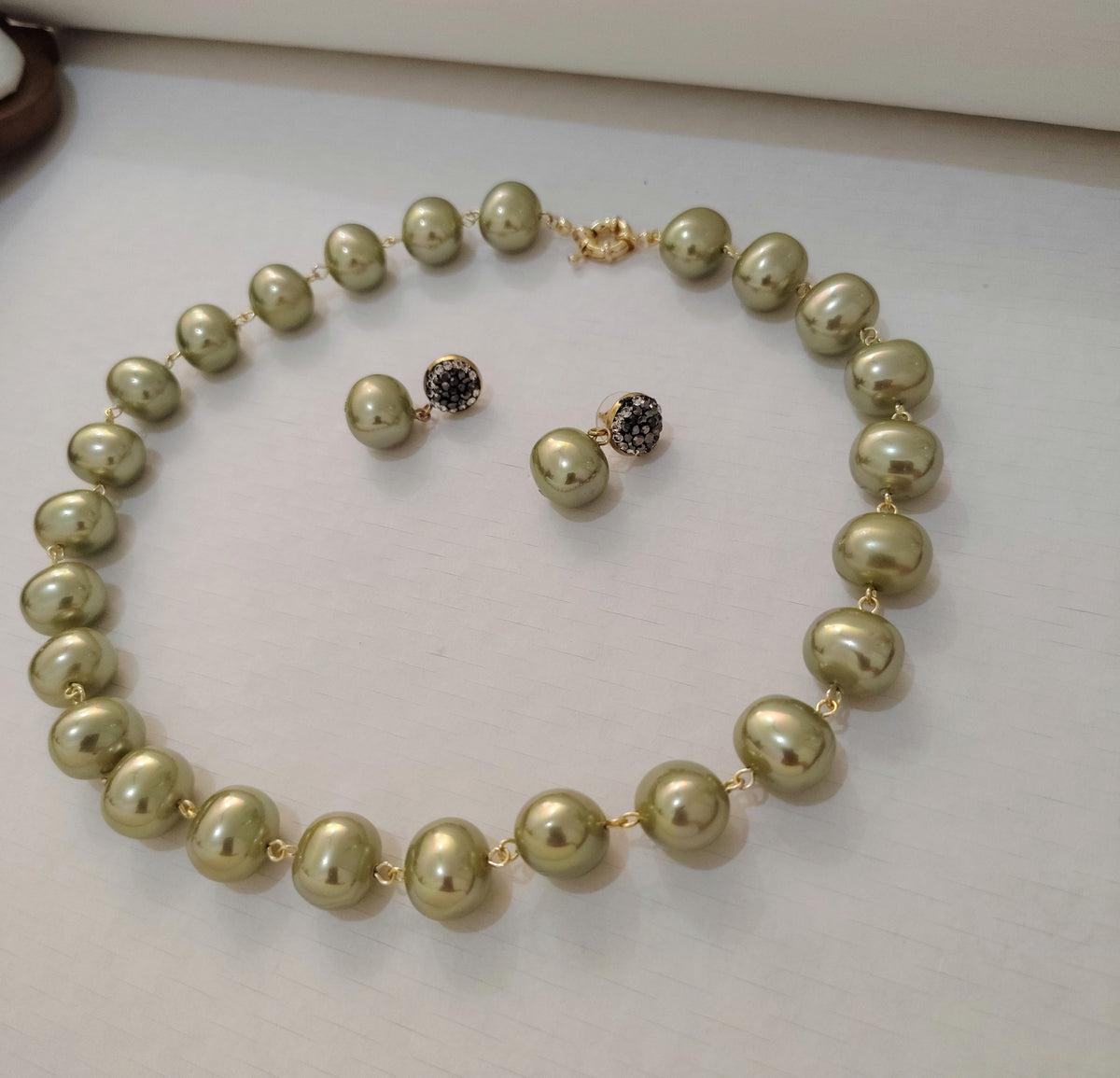 Olive Green Premium Heavy Pearl Necklace with Earrings