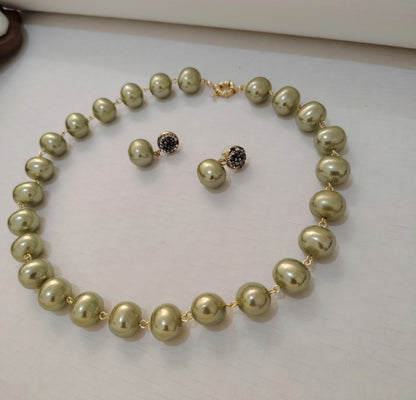Olive Green Premium Heavy Pearl Necklace with Earrings