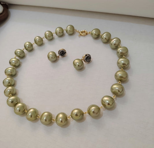 Olive Green Premium Heavy Pearl Necklace with Earrings
