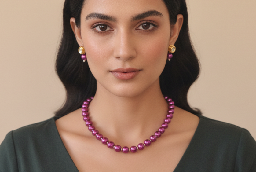 Purple Pearl With Golden Metal Earrings