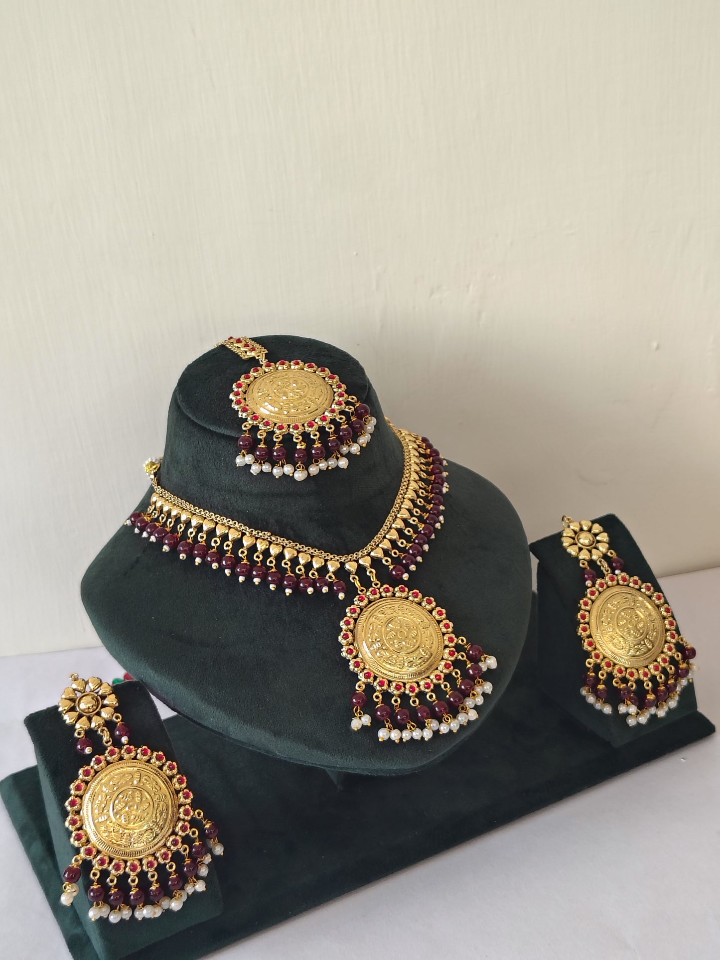 Maroon Royal Pearl Choker & Multi Strand Jewellery Set With Maang Tikka & Earrings