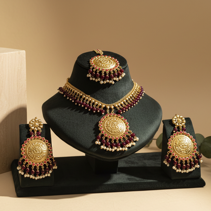 Maroon Royal Pearl Choker & Multi Strand Jewellery Set With Maang Tikka & Earrings