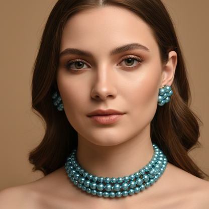 Bright Blue Pearl 3 Layer With Earrings Choker Set
