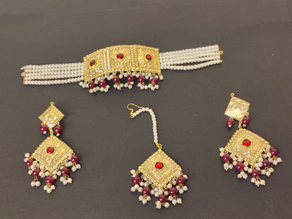 Red & Gold Imitation Choker Set with Earrings