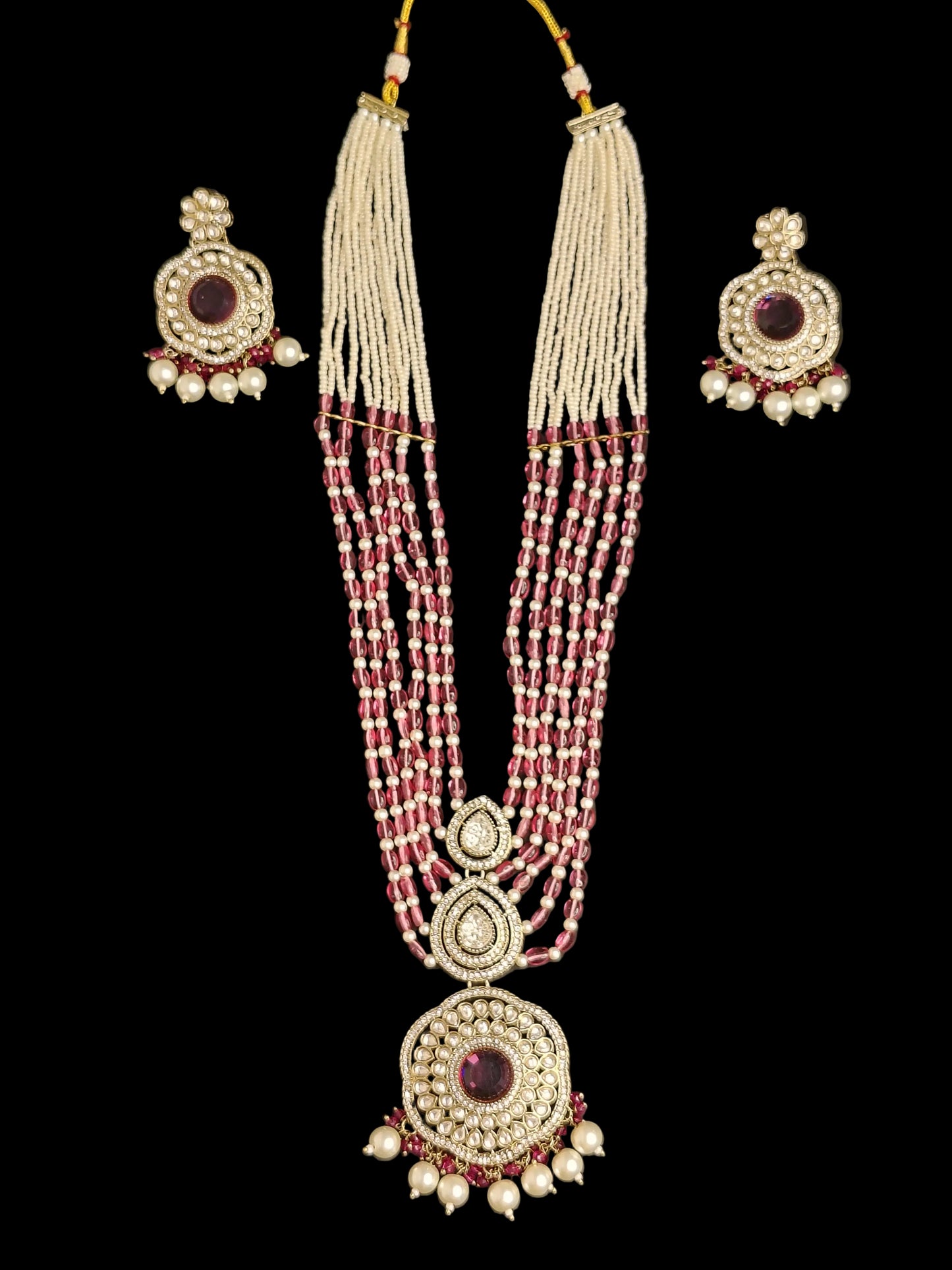 Royal White & Pink Long Necklace With Matching Earrings