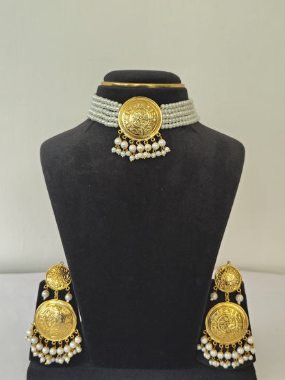 Royal Pearl Choker & Multi Strand Jewellery Set With Maang Tikka