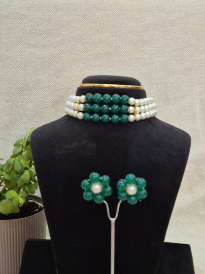 Green And White Pearl Choker Set With 3 Layers