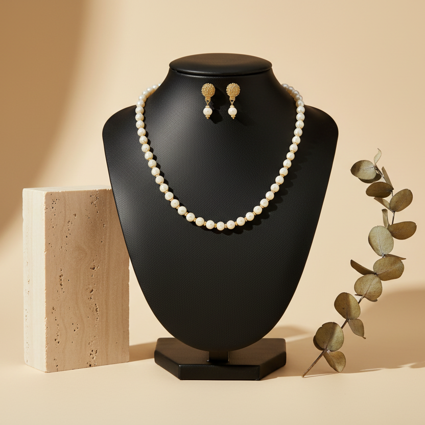 White & Golden Pearl Necklace With Matching Earrings DB00172