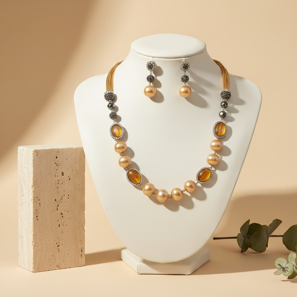 Antique Emerald & Oxidized Brown Bead Necklace With Earrings DB00192