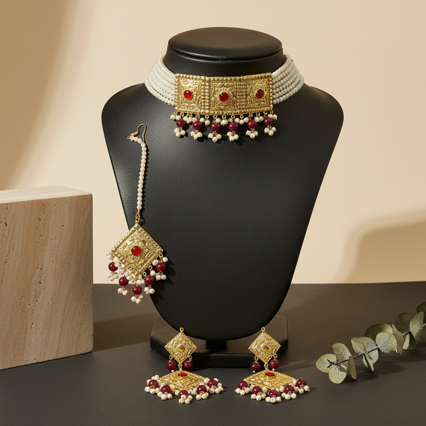 Red & Gold Imitation Choker Set with Earrings