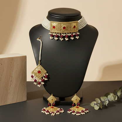 Red & Gold Imitation Choker Set with Earrings