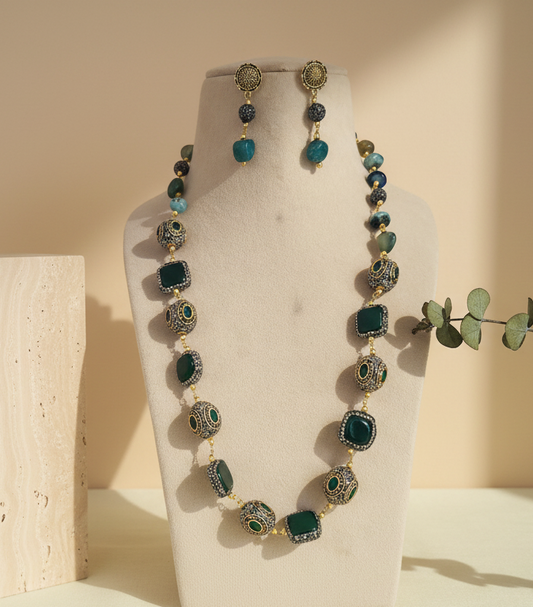 Antique Emerald & Oxidized Silver Bead Statement Set