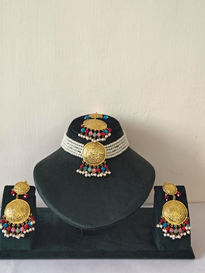 Royal Pearl Choker & Multi Strand Multi colour Jewellery Set With Maang Tikka With Earrings