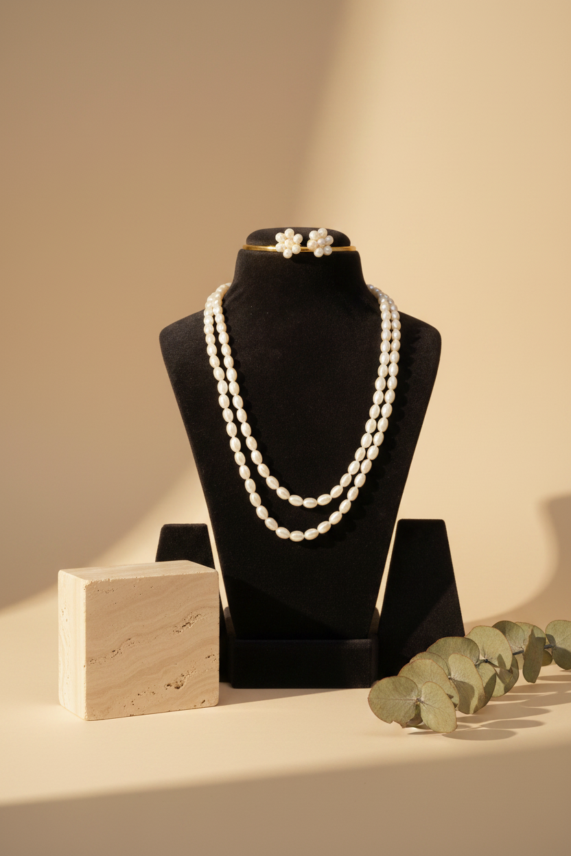 White Drop Shaped Pearl Double layer With Earrings Necklace
