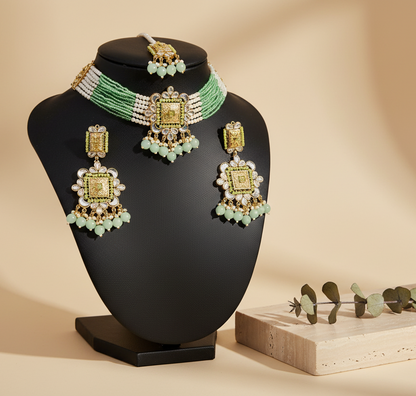 Forest Green Choker Set with Long Earrings