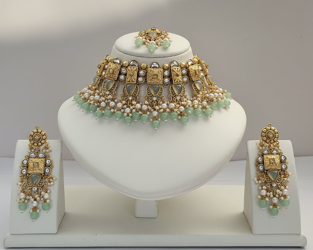Royal Mint Green & Gold Temple Choker Set Matching Maang Tikka & Earrings